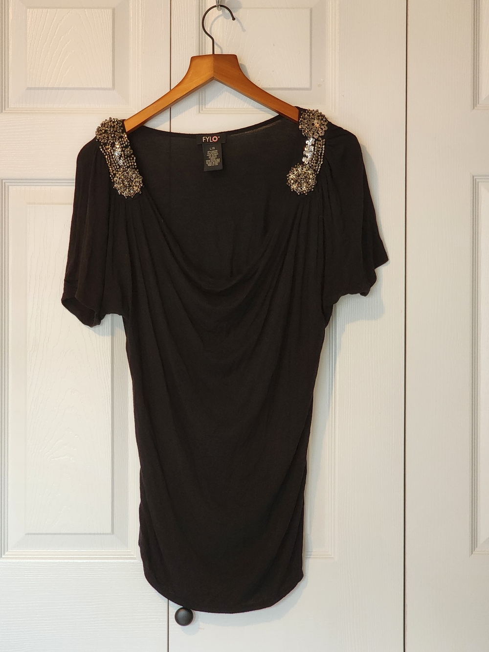 RELIST SOON FYLO Draped Top Beaded Shoulder Embellishment Side Ruching SZ L - Picture 4 of 8